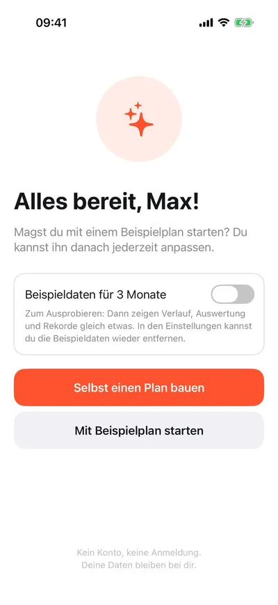 MaxxLevel App — Einrichtung „Alles bereit“: mit Beispieldaten starten oder einen eigenen Plan bauen