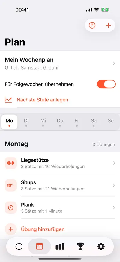 MaxxLevel App — Wochenplan mit den Übungen für Montag