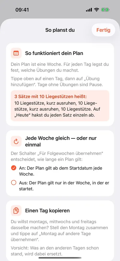 MaxxLevel App — Erklärung „So planst du“ mit Tipps zum Wochenplan