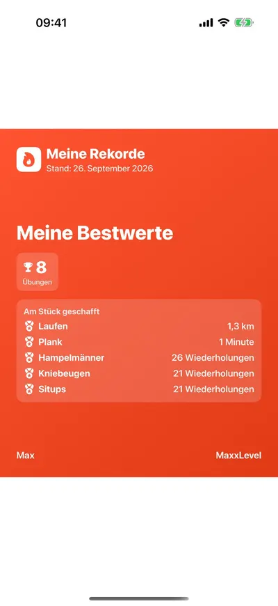 MaxxLevel App — Teilbare Grafik „Meine Rekorde“ mit Bestwerten