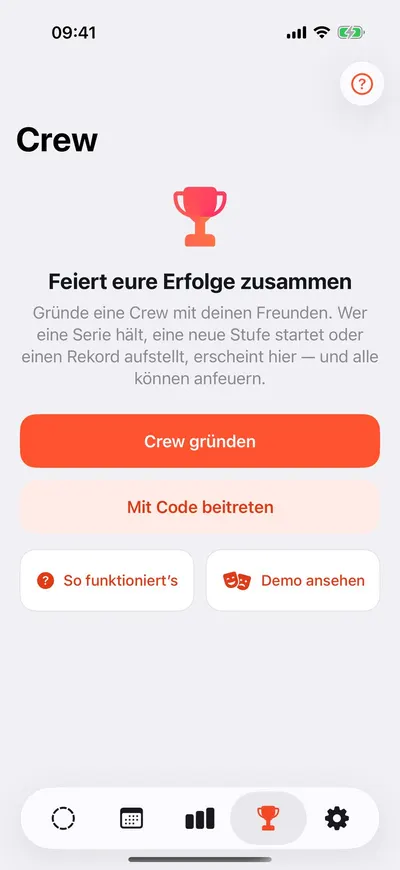 MaxxLevel App — Crew-Startbildschirm: Crew gründen oder mit Code beitreten