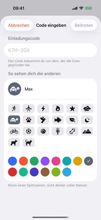 MaxxLevel App — Beitreten mit Einladungscode und Wahl von Symbol und Farbe