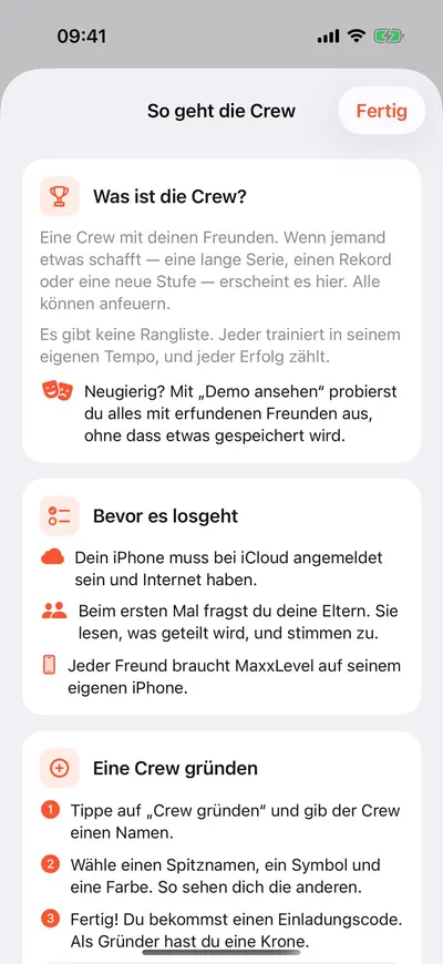 MaxxLevel App — Erklärung „So geht die Crew“ mit Schritten zum Gründen