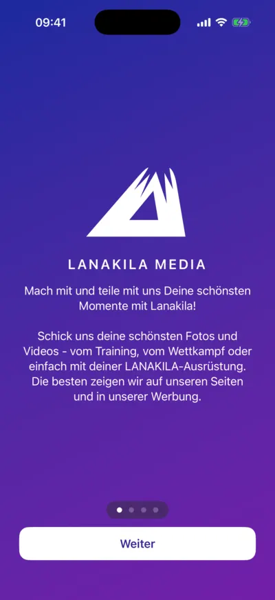 LANAKILA Media App — Willkommensbildschirm der Lanakila-Media-App: Fotos und Videos mit dem Team teilen