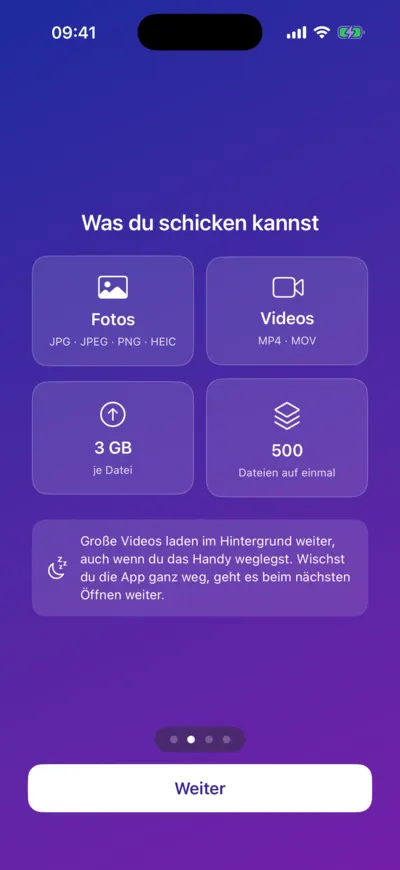 LANAKILA Media App — Hinweis „Was du schicken kannst“: Fotos und Videos, bis 3 GB je Datei, 500 Dateien auf einmal