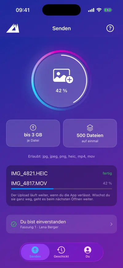 LANAKILA Media App — Upload läuft: Fortschrittsanzeige bei 42 %