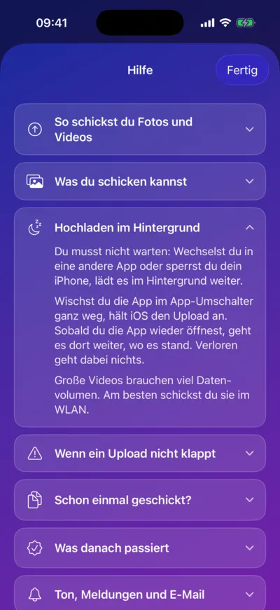 LANAKILA Media App — Hilfe mit Antworten, zum Beispiel zum Hochladen im Hintergrund