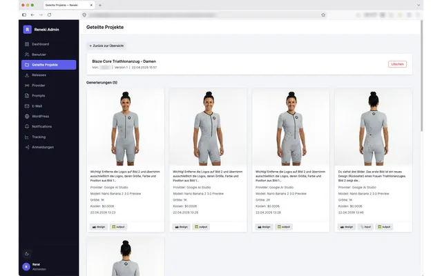 RENEKI KI-Bildgenerierung — Web-Administration: geteilte Projekte mit erzeugten Bildern
