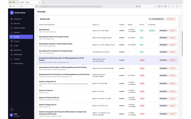 RENEKI KI-Bildgenerierung — Web-Administration: Modellübersicht mit Preisen und Status