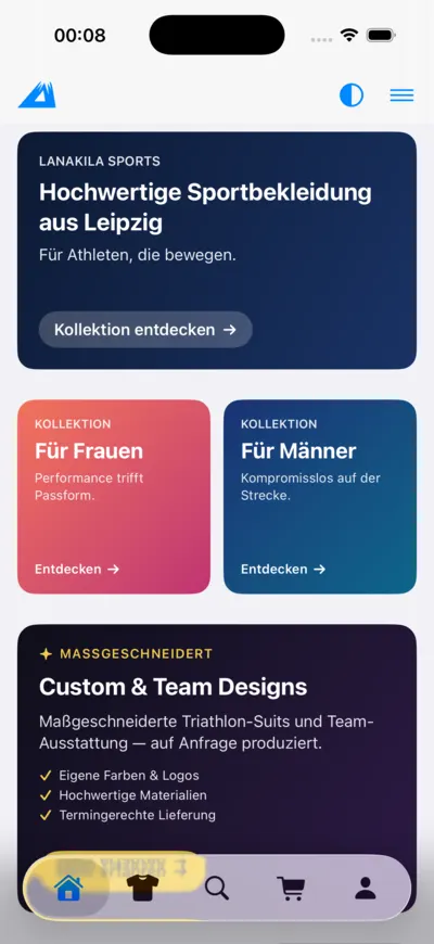LANAKILA Shopping App — Startseite der Shopping-App mit Kollektionen für Frauen und Männer sowie Custom- und Team-Designs