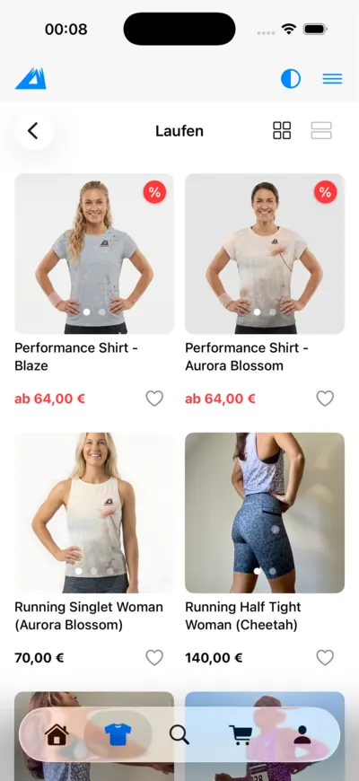 LANAKILA Shopping App — Kategorie „Laufen“ mit Produktkacheln und Preisen