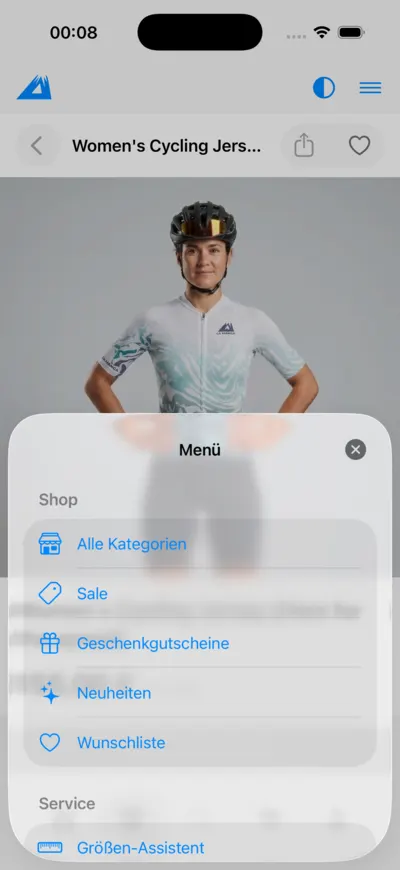 LANAKILA Shopping App — App-Menü mit Shop-Bereichen wie Alle Kategorien, Sale, Geschenkgutscheine, Neuheiten und Wunschliste