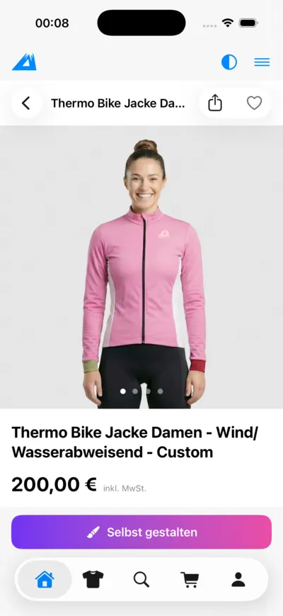 LANAKILA Shopping App — Produktseite einer Thermo-Bike-Jacke mit der Schaltfläche „Selbst gestalten“