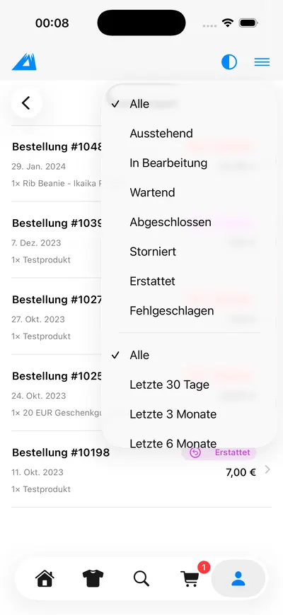LANAKILA Shopping App — Bestellübersicht mit Filter nach Status und Zeitraum