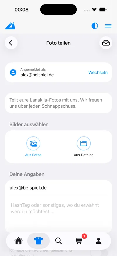 LANAKILA Shopping App — Foto teilen: Bilder aus Fotos oder Dateien auswählen