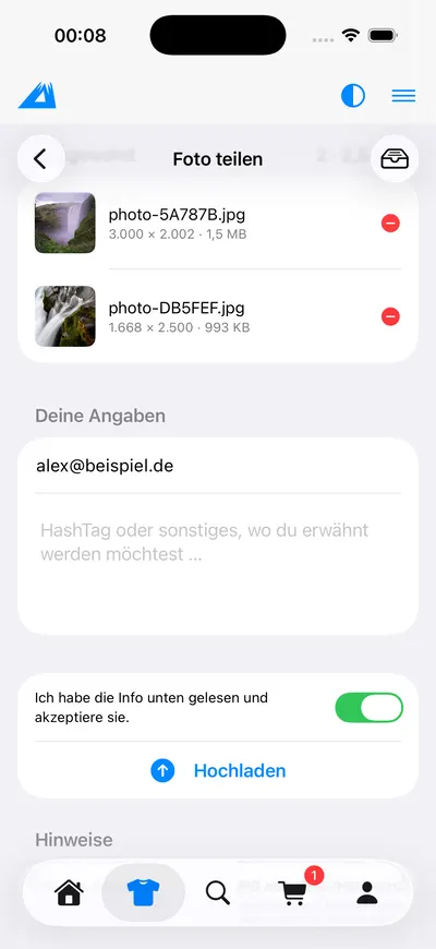 LANAKILA Shopping App — Hochladen ausgewählter Fotos mit Einverständniserklärung
