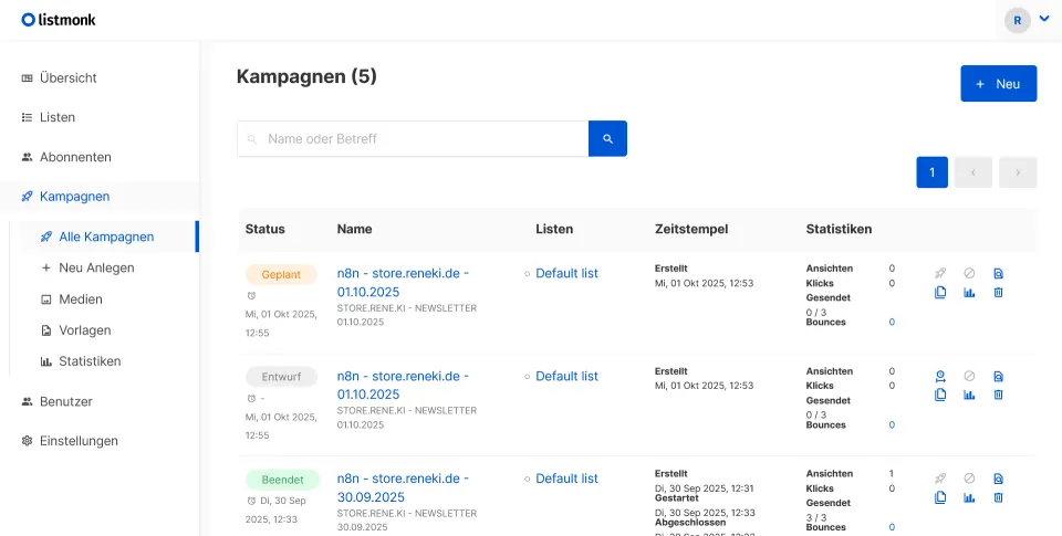 Newsletter automatisch aus Blog und Shop – mit n8n und Listmonk — Automatisch angelegte Kampagnen in Listmonk