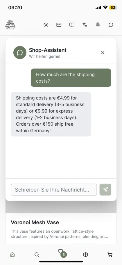 Shopping-App mit KI-Assistent – entwickelt mit Replit — Antwort auf eine Frage zu Versandkosten (Englisch)